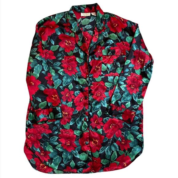 Vintage Victorias Secret Gold Label Button Down Red Floral Sleep Shirt Size M - Picture 2 of 9